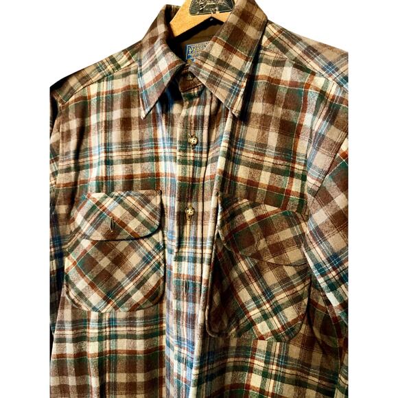 Pendleton Wool Board Shirt Men’s M Plaid Brown Blue 
60s–70s Made in USA - Picture 7 of 10